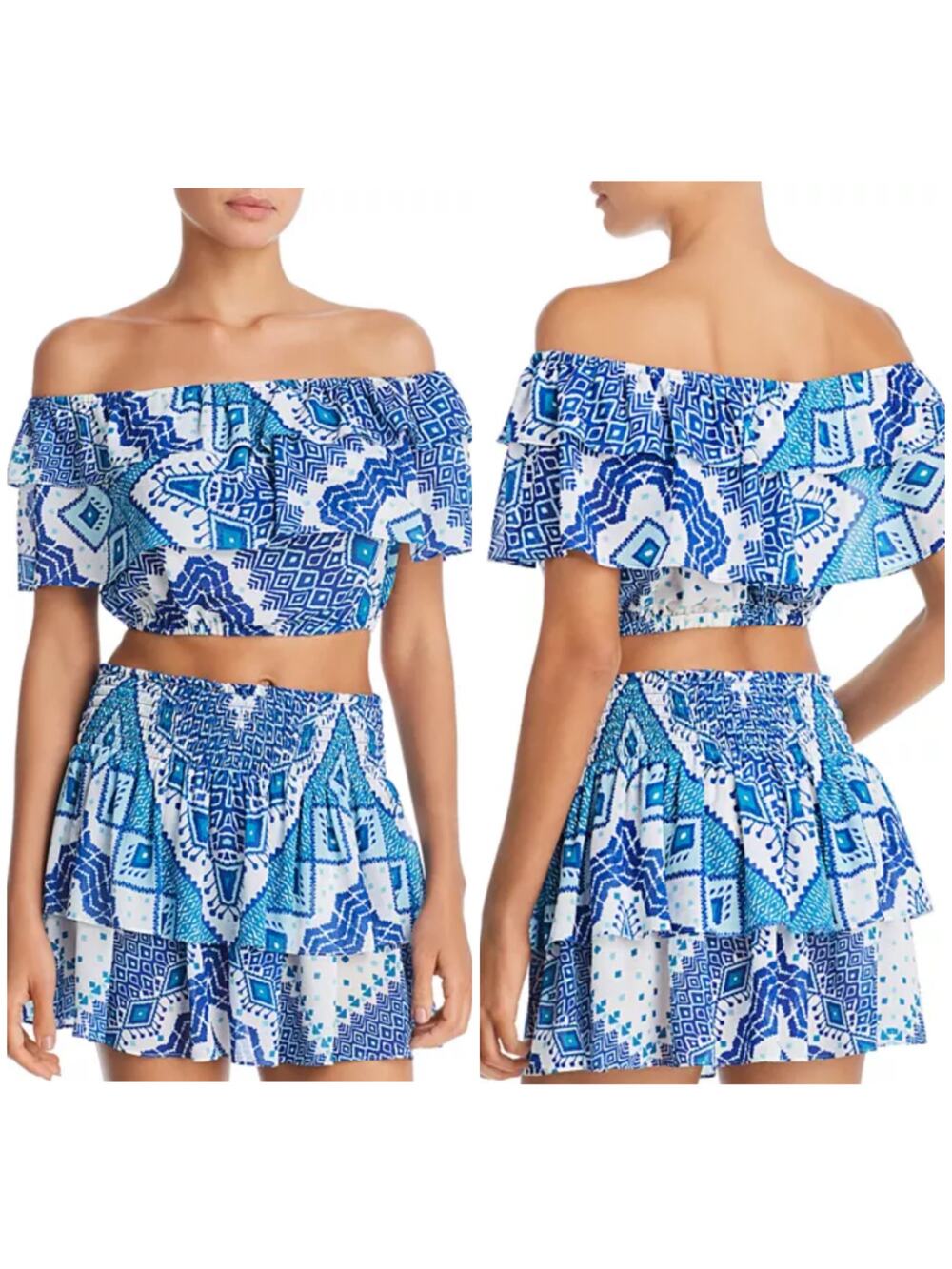 NWT RAMY Brook Milo Blue Printed Off The Shoulder Cropped Top Large Ruffle